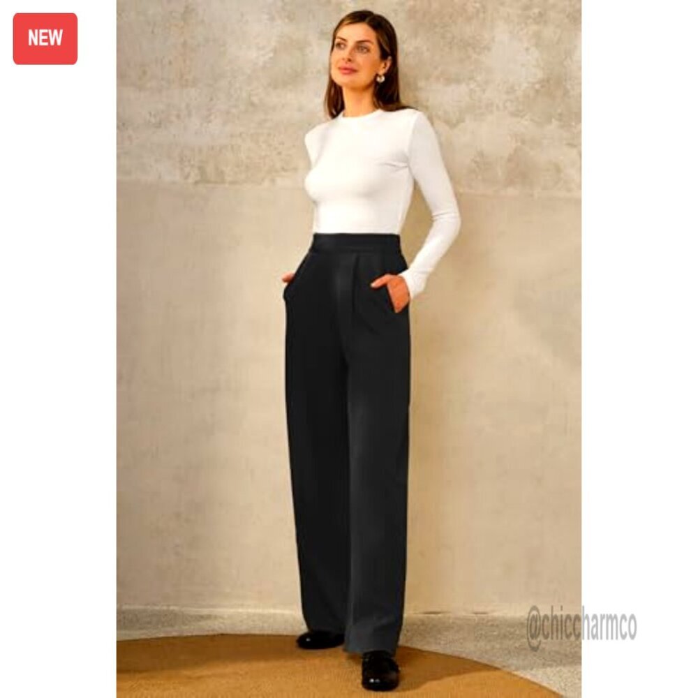Wrinkle-Free Pleated Wide Leg Dress Pants High Waisted Business Casual - Picture 4 of 6